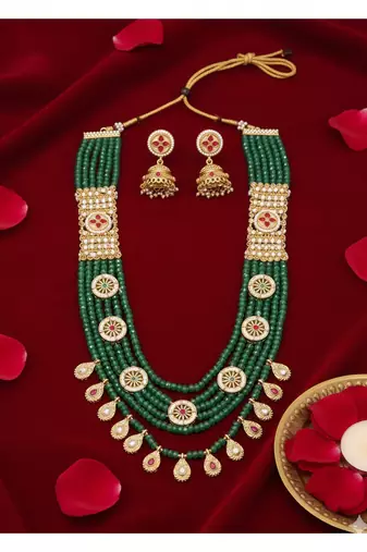 Traditional handcrafted green beaded gold-plated ethnic necklace set with jhumka earrings