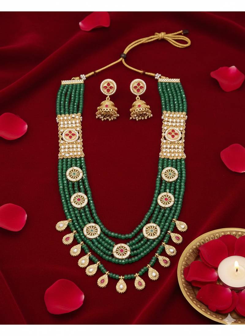 Traditional handcrafted green beaded gold-plated ethnic necklace set with jhumka earrings