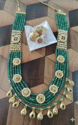 Traditional handcrafted green beaded gold-plated ethnic necklace set with jhumka earrings 4