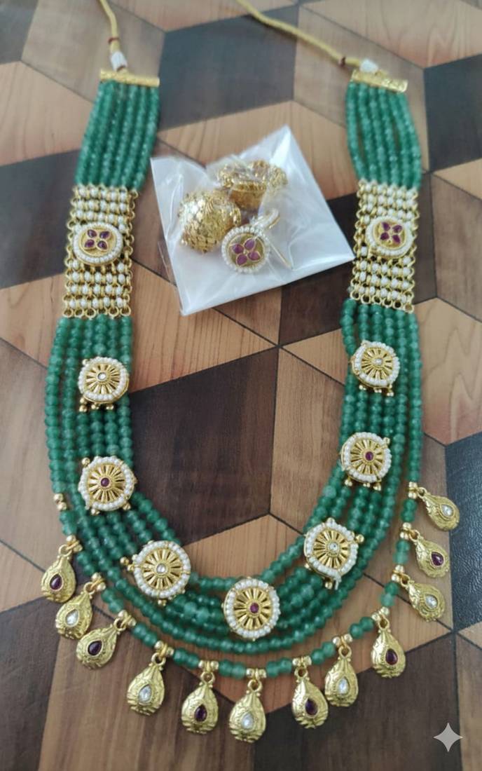 Traditional handcrafted green beaded gold-plated ethnic necklace set with jhumka earrings