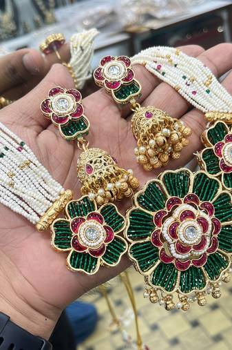 Handcrafted green meenakari pearl necklace set gold-plated ethnic jewelry traditional indian bridal