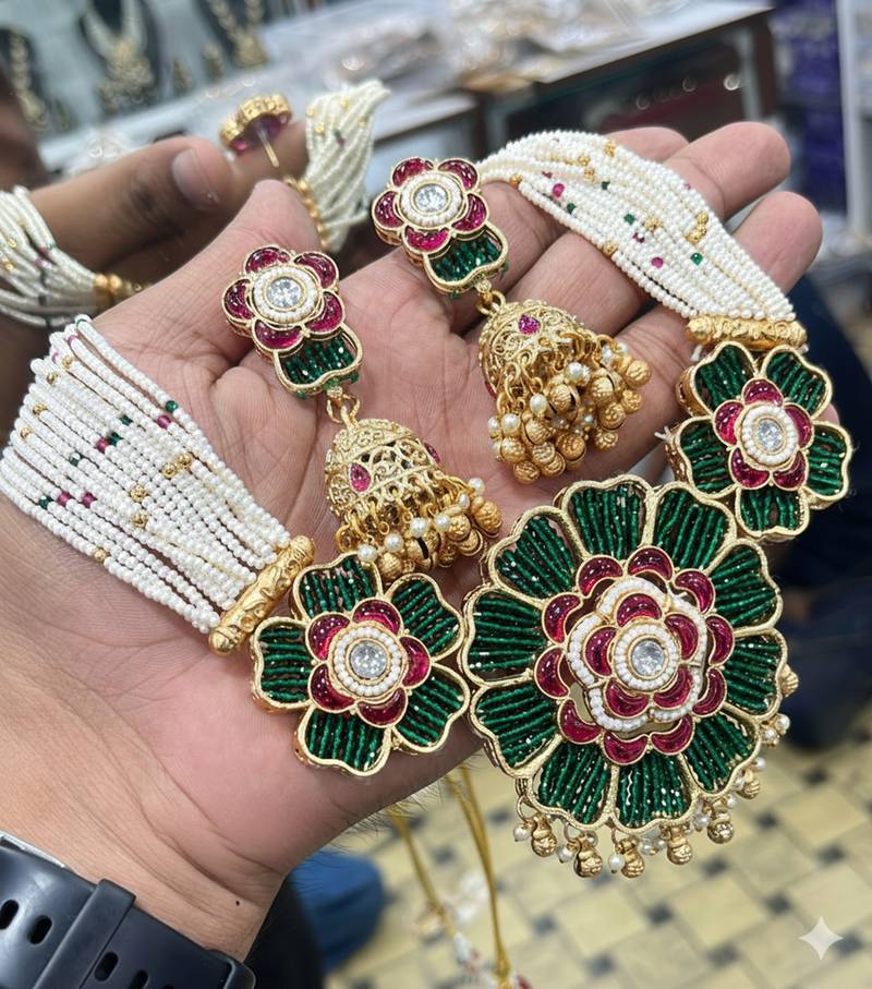 Handcrafted green meenakari pearl necklace set gold-plated ethnic jewelry traditional indian bridal