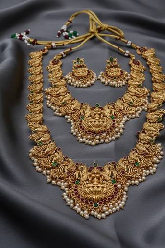 Antique gold plated temple lakshmi peacock bridal traditional south indian necklace set