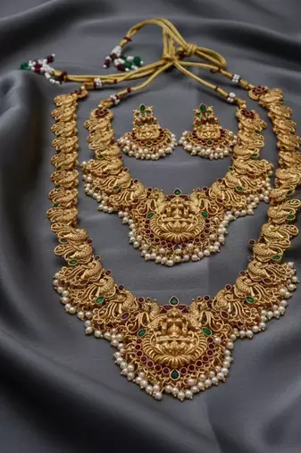 Antique gold plated temple lakshmi peacock bridal traditional south indian necklace set