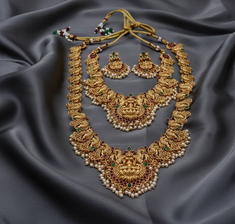 Antique gold plated temple lakshmi peacock bridal traditional south indian necklace set