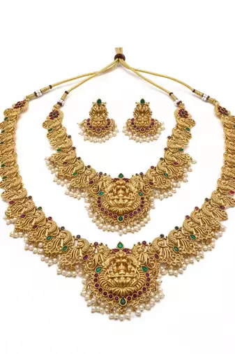 Antique gold plated temple lakshmi peacock bridal traditional south indian Necklace :: set