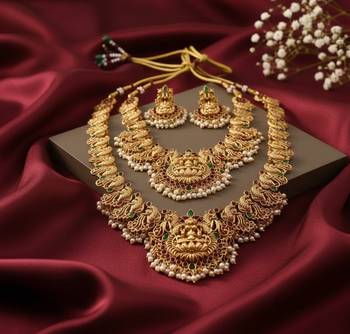Antique gold plated temple lakshmi peacock bridal traditional south indian Necklace :: set 3