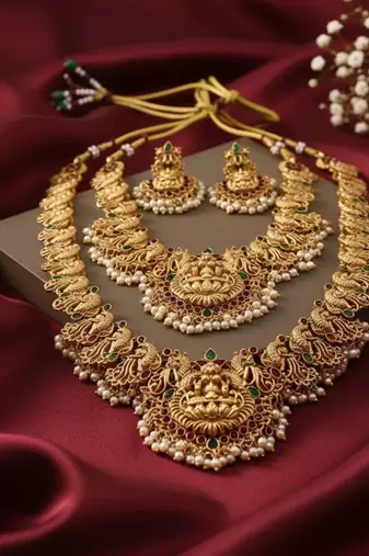Antique gold plated temple lakshmi peacock bridal traditional south indian Necklace :: set