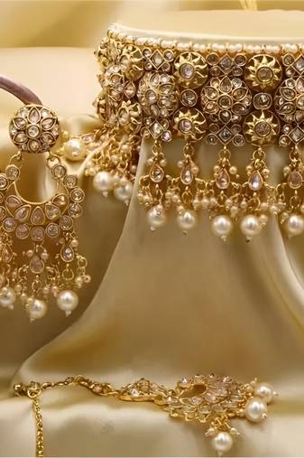 Luxurious kundan choker necklace set with pearl drops - bridal indian jewelry collection