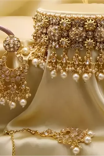 Luxurious kundan choker necklace set with pearl drops - bridal indian jewelry collection
