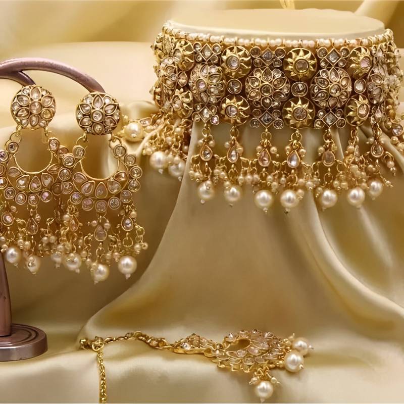 Luxurious kundan choker necklace set with pearl drops - bridal indian jewelry collection