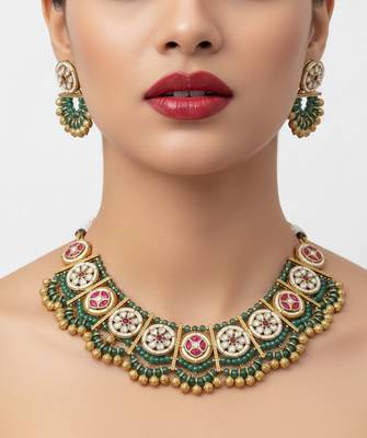 Handcrafted green gold-plated ethnic choker Necklace :: set with jhumkas - traditional indian jewelry 1