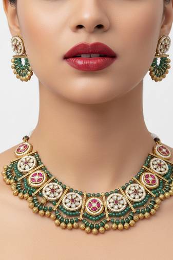 Handcrafted green gold-plated ethnic choker necklace set with jhumkas - traditional indian jewelry