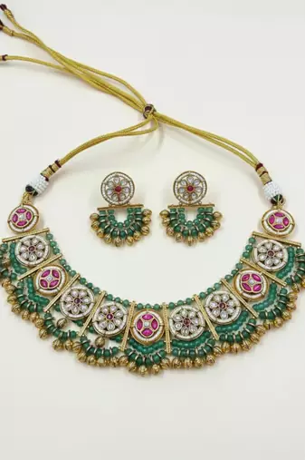 Handcrafted green gold-plated ethnic choker Necklace :: set with jhumkas - traditional indian jewelry