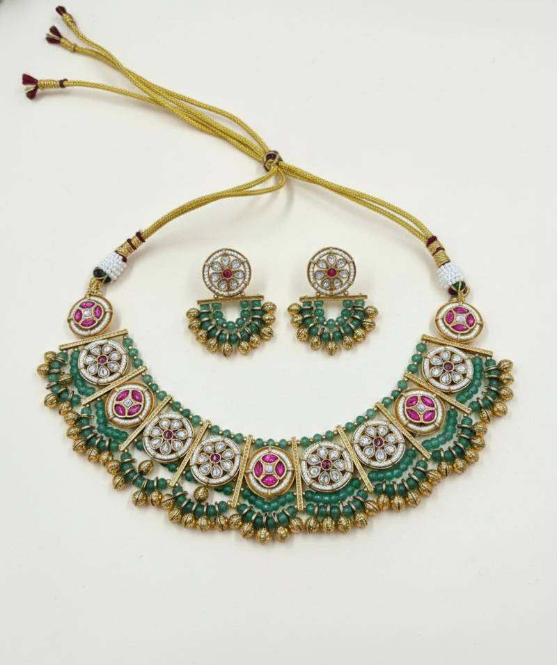 Handcrafted green gold-plated ethnic choker necklace set with jhumkas - traditional indian jewelry