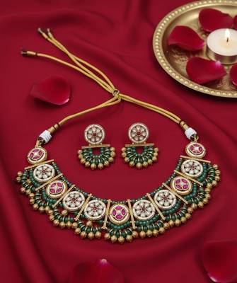 Handcrafted green gold-plated ethnic choker Necklace :: set with jhumkas - traditional indian jewelry 3