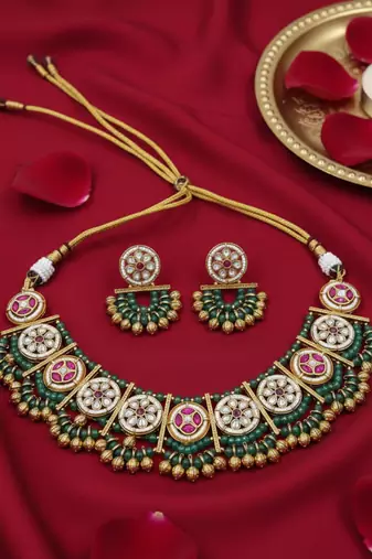 Handcrafted green gold-plated ethnic choker Necklace :: set with jhumkas - traditional indian jewelry