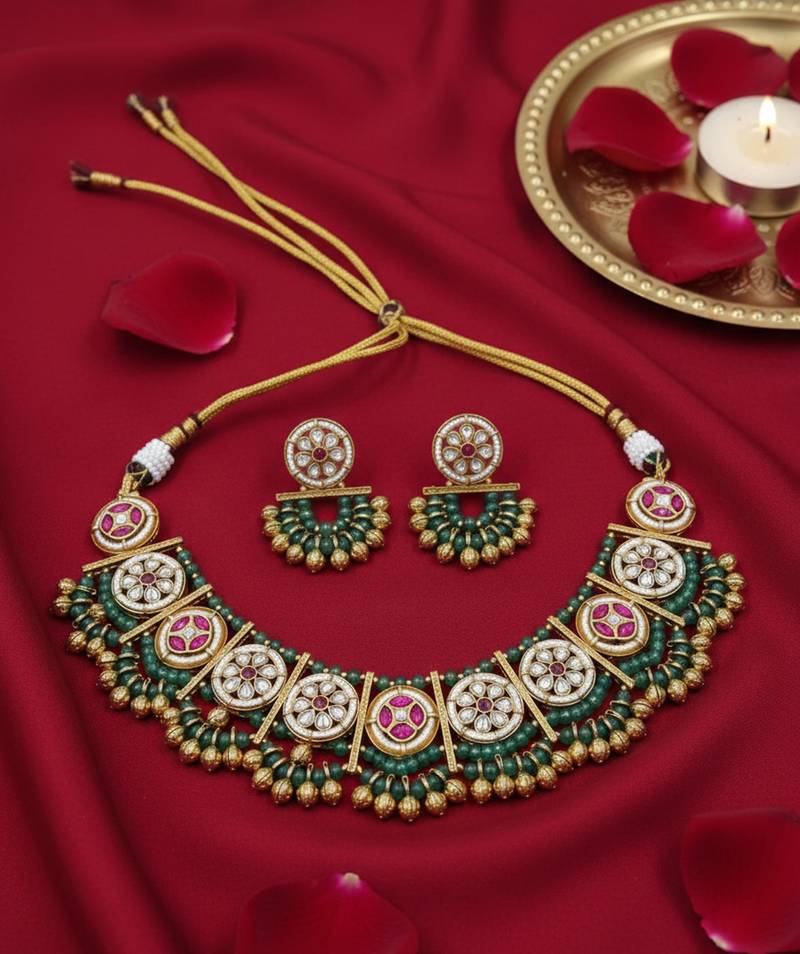 Handcrafted green gold-plated ethnic choker necklace set with jhumkas - traditional indian jewelry