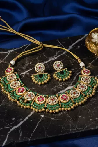 Handcrafted green gold-plated ethnic choker Necklace :: set with jhumkas - traditional indian jewelry
