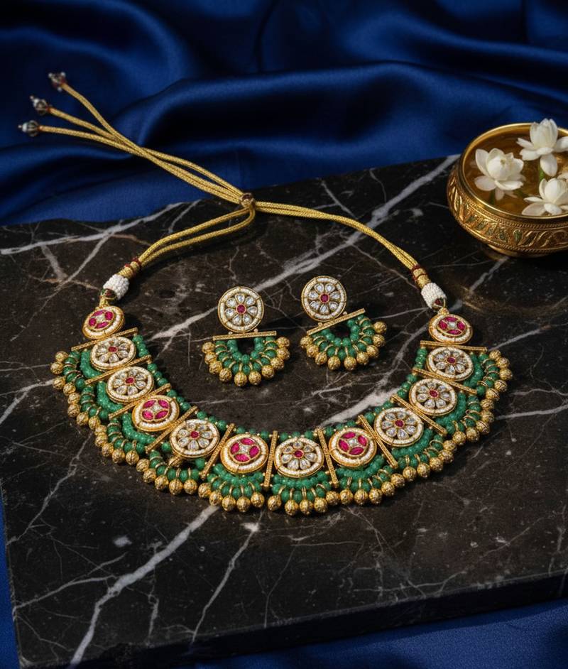 Handcrafted green gold-plated ethnic choker necklace set with jhumkas - traditional indian jewelry