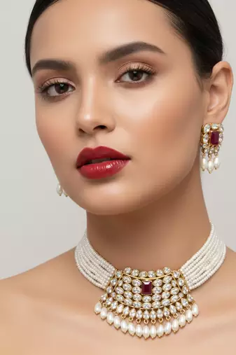 Traditional handcrafted kundan pearl choker necklace set | gold-plated ethnic bridal jewelry