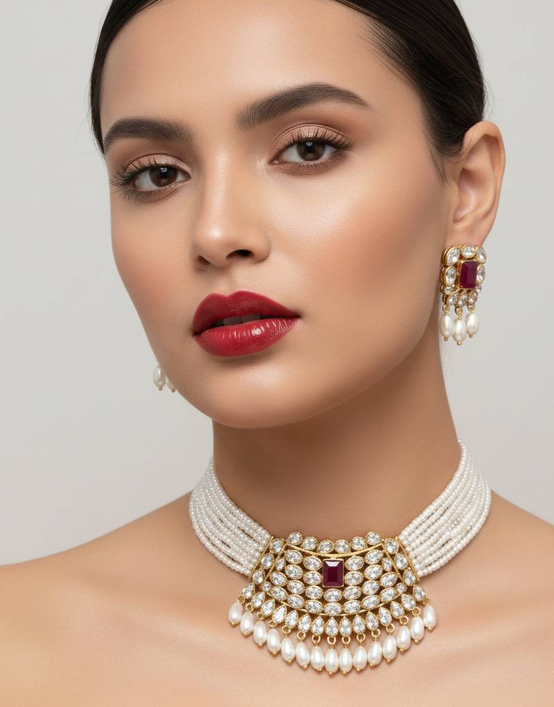 Traditional handcrafted kundan pearl choker necklace set | gold-plated ethnic bridal jewelry