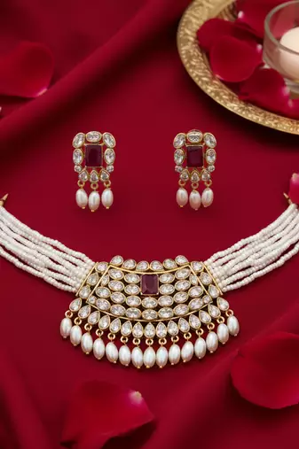 Traditional handcrafted kundan pearl choker Necklace :: set | gold-plated ethnic bridal jewelry