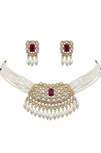 Traditional handcrafted kundan pearl choker Necklace :: set | gold-plated ethnic bridal jewelry