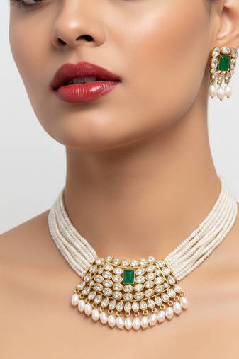 Traditional handcrafted kundan pearl choker necklace set | gold-plated ethnic bridal jewelry