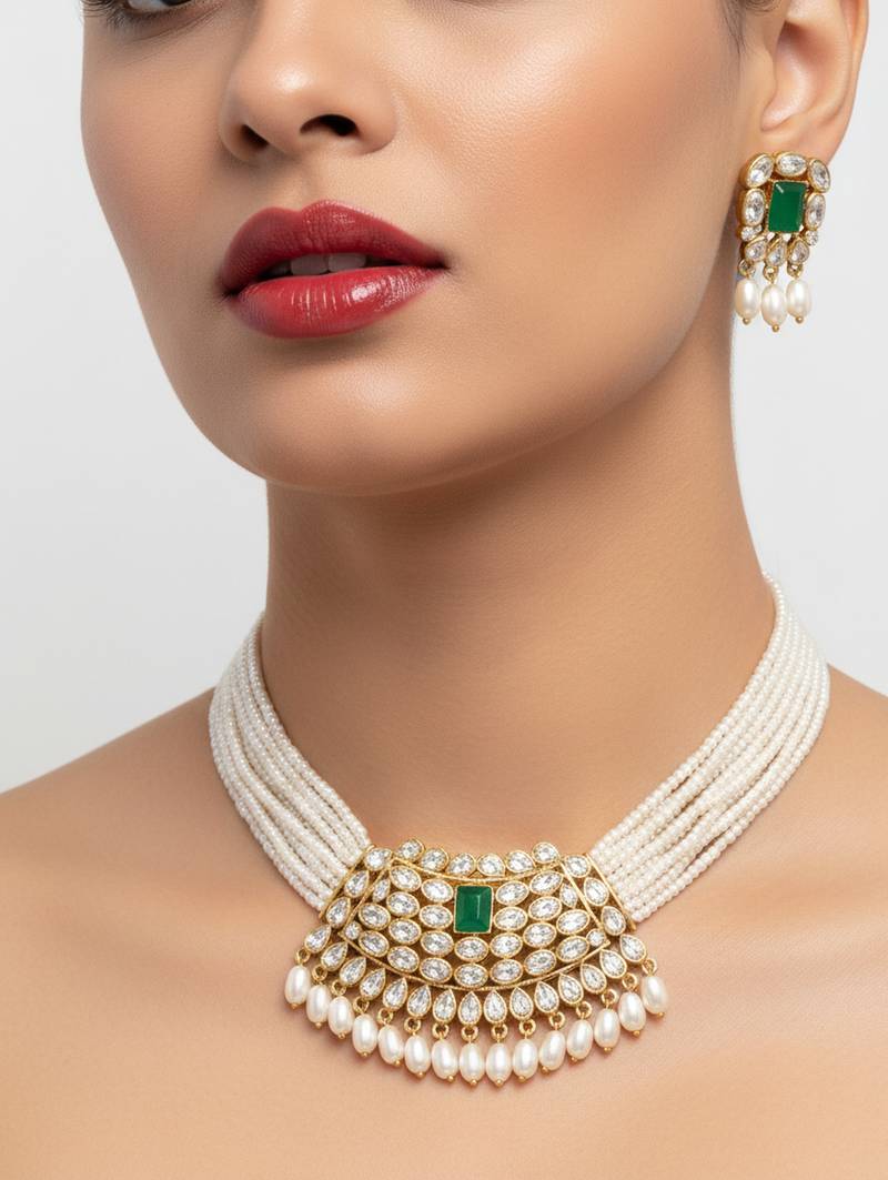 Traditional handcrafted kundan pearl choker necklace set | gold-plated ethnic bridal jewelry