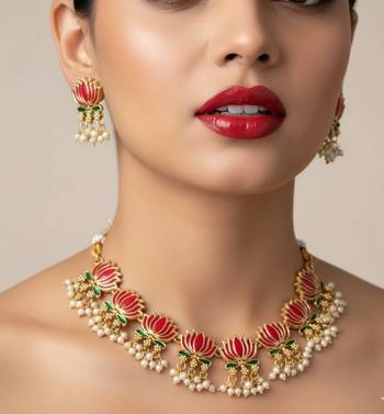 Traditional handcrafted gold-plated lotus kundan Necklace :: set with pearl drops | ethnic bridal jewelry 1