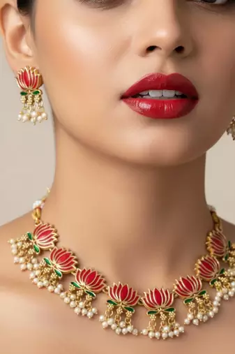 Traditional handcrafted gold-plated lotus kundan necklace set with pearl drops | ethnic bridal jewelry