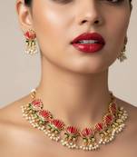 Traditional handcrafted gold-plated lotus kundan necklace set with pearl drops | ethnic bridal jewelry