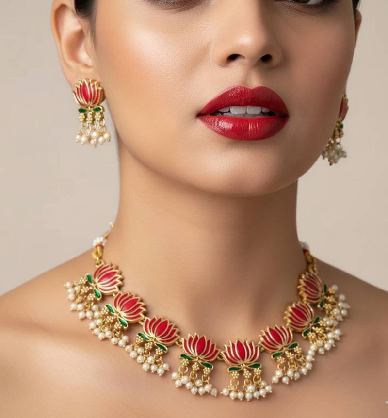 Traditional handcrafted gold-plated lotus kundan necklace set with pearl drops | ethnic bridal jewelry