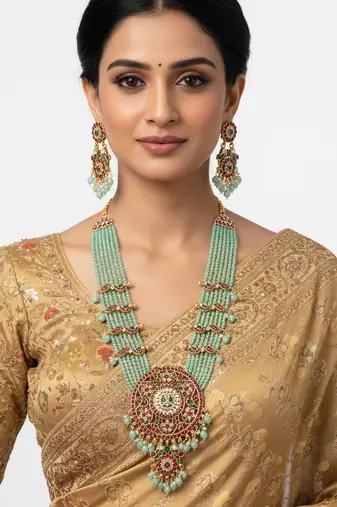 Handcrafted kundan & mint green bead long necklace set | traditional gold-plated ethnic jewelry for weddings & bridal