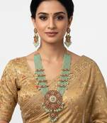 Handcrafted kundan & mint green bead long necklace set | traditional gold-plated ethnic jewelry for weddings & bridal