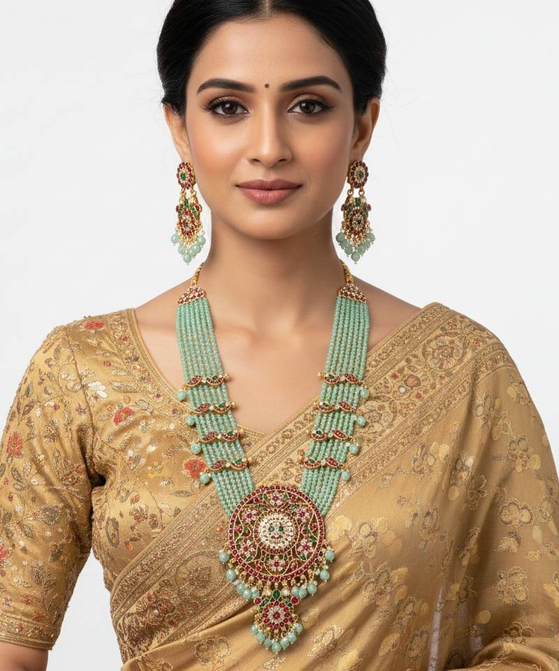Handcrafted kundan & mint green bead long necklace set | traditional gold-plated ethnic jewelry for weddings & bridal