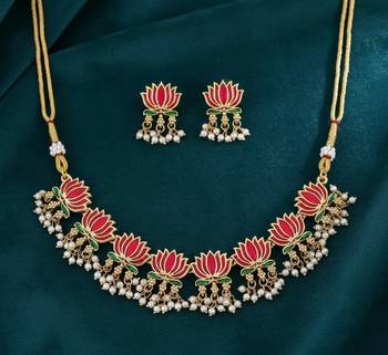 Traditional handcrafted gold-plated lotus kundan Necklace :: set with pearl drops | ethnic bridal jewelry 2