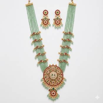 Handcrafted kundan & mint green bead long Necklace :: set | traditional gold-plated ethnic jewelry for weddings & bridal 2