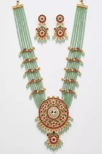 Handcrafted kundan & mint green bead long Necklace :: set | traditional gold-plated ethnic jewelry for weddings & bridal