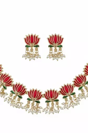 Traditional handcrafted gold-plated lotus kundan Necklace :: set with pearl drops | ethnic bridal jewelry