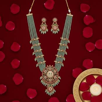 Handcrafted kundan & mint green bead long Necklace :: set | traditional gold-plated ethnic jewelry for weddings & bridal 3