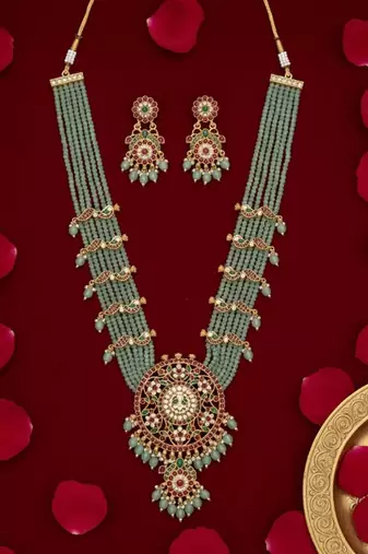 Handcrafted kundan & mint green bead long Necklace :: set | traditional gold-plated ethnic jewelry for weddings & bridal