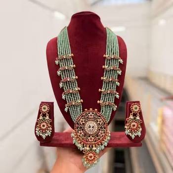 Handcrafted kundan & mint green bead long Necklace :: set | traditional gold-plated ethnic jewelry for weddings & bridal 4