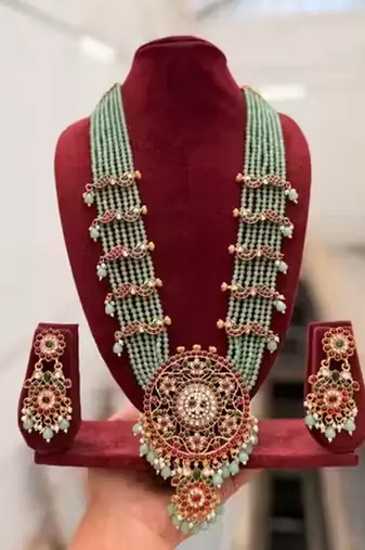 Handcrafted kundan & mint green bead long Necklace :: set | traditional gold-plated ethnic jewelry for weddings & bridal
