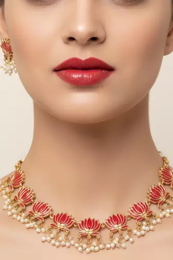 Traditional handcrafted gold-plated lotus kundan necklace set with pearl drops | ethnic bridal jewelry