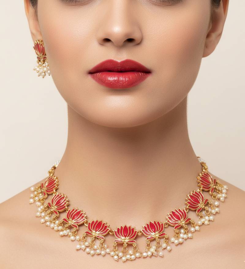 Traditional handcrafted gold-plated lotus kundan necklace set with pearl drops | ethnic bridal jewelry