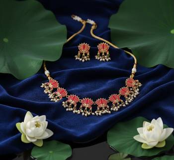 Traditional handcrafted gold-plated lotus kundan Necklace :: set with pearl drops | ethnic bridal jewelry 4