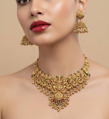 Traditional handcrafted gold-plated temple Necklace :: set with jhumka earrings | ethnic bridal jewelry 1