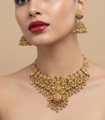 Traditional handcrafted gold-plated temple necklace set with jhumka earrings | ethnic bridal jewelry